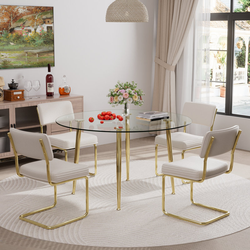 Mercer41 5 Piece Dining Set Round Glass Dining Table and 4 Dining Chair metal legs. Wayfair